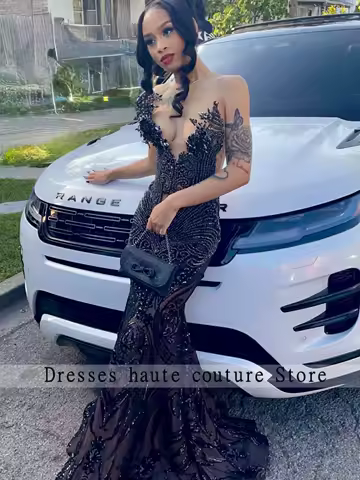 Magnificent Black Beaded Deep V Mermaid Diamond Prom Dress 2026 Illusion Sequin Sweep Train Evening Gown Party Dress Customized