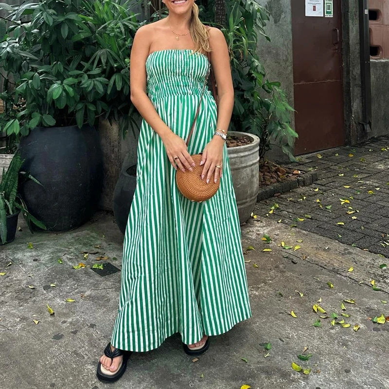 

Elegant Strapless A-Line Dress Vintage Striped Off Shoulder Backless Maxi Dress Beach Vacation Summer Club Party Cocktail Dress