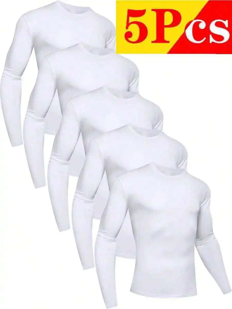 

5pcs Mens Quick Dry Breathable Long Sleeve Round Neck Sports T-Shirt Gym Fitness Base Layer