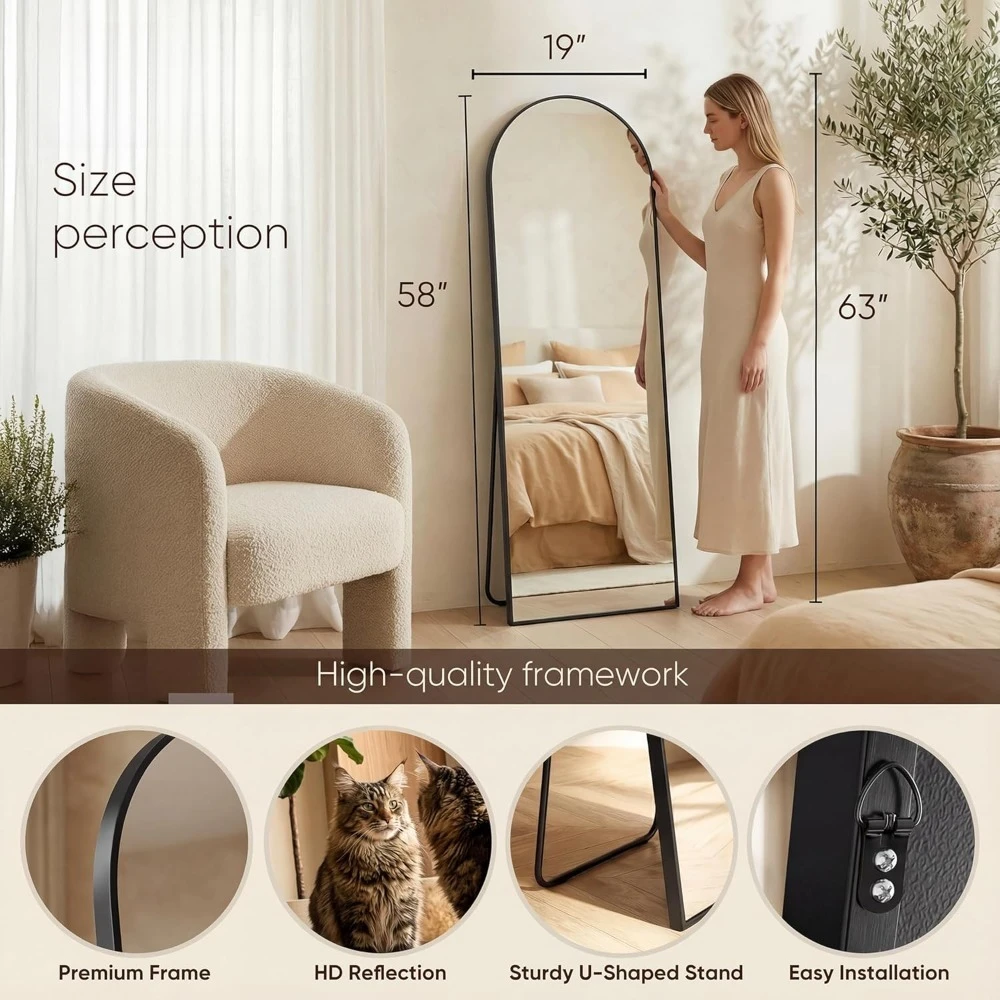 

Арочное напольное зеркало в полный рост 58x19 дюймов, черная алюминиевая рама, отдельно стоящее, с возможностью настенного крепления, для спальни, с полкой для растений