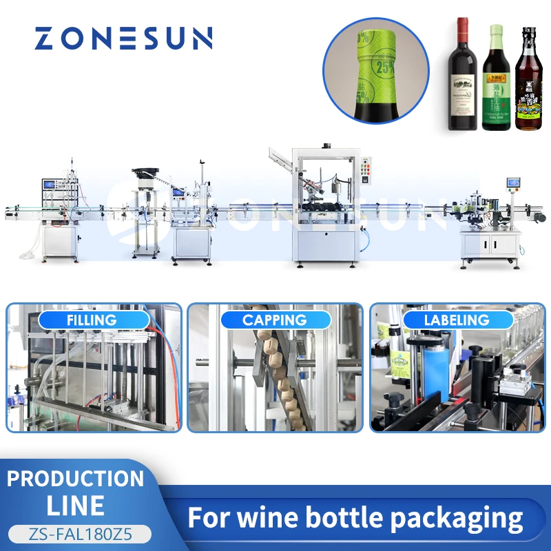 Zonesun linha de produção de embalagem de garrafa de vinho, enchimento líquido, tampa de cortiça, cápsula de pvc, termo retrátil, rotulagem redonda ZS-FAL180Z5