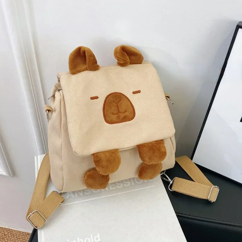Xiuya Cute Capybara Shoulder Bag for Women Canvas Small 2024 New Fashion Cartoon Backpack Kawaii Simple Designer Female Handbag