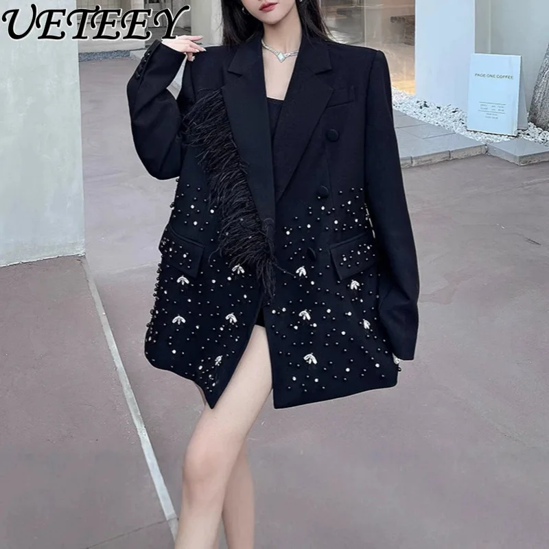 

Fashion Design Black Blazer Jacket Women's Spring Autumn New Elegant Diamond Splicing High-end Long-sleeved Suit Coat