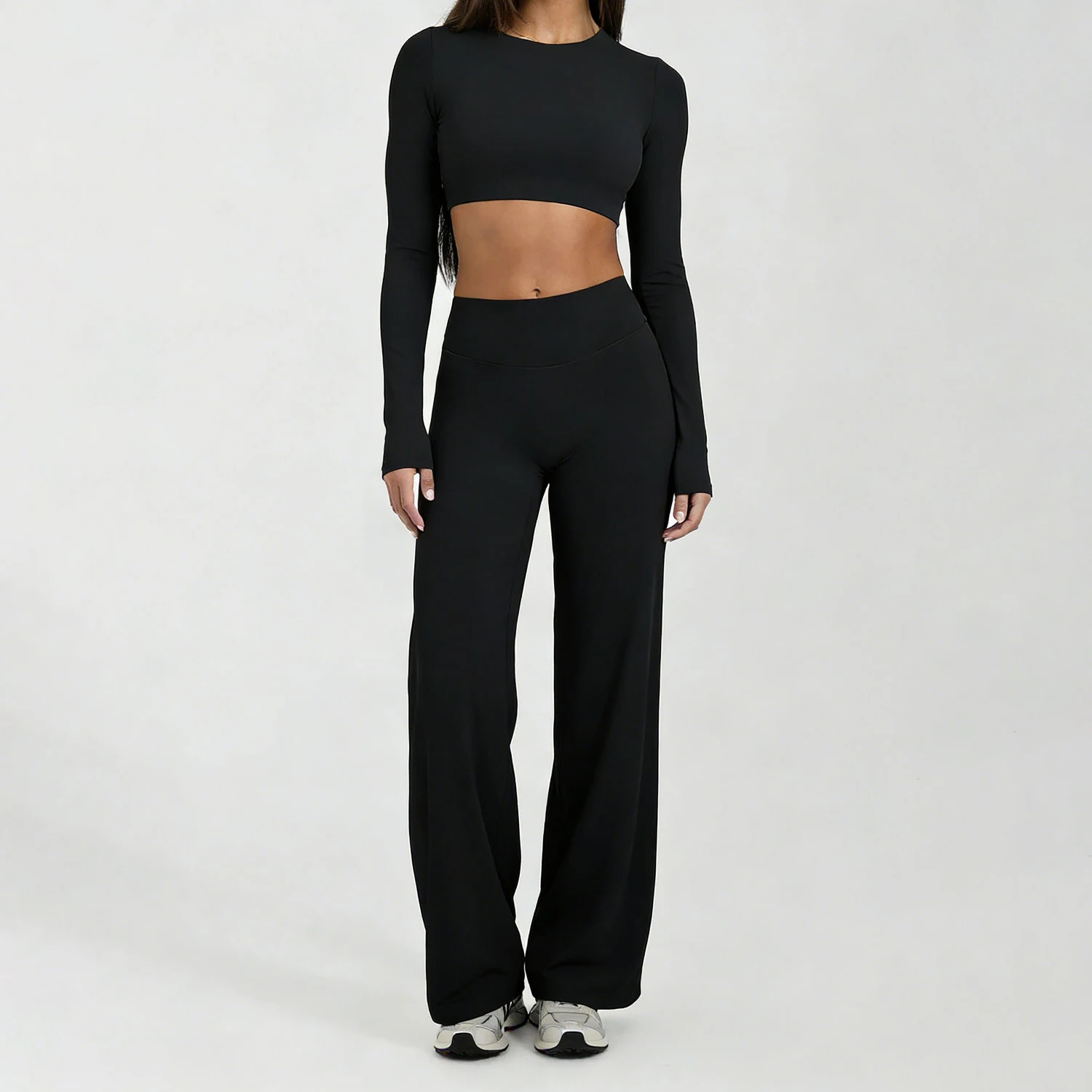 Running Sportswear Women 2 Piece Set Short Cropped Long Sleeve Top Straight Leg Yoga Pants Breathable Quick Dry Gym Suit