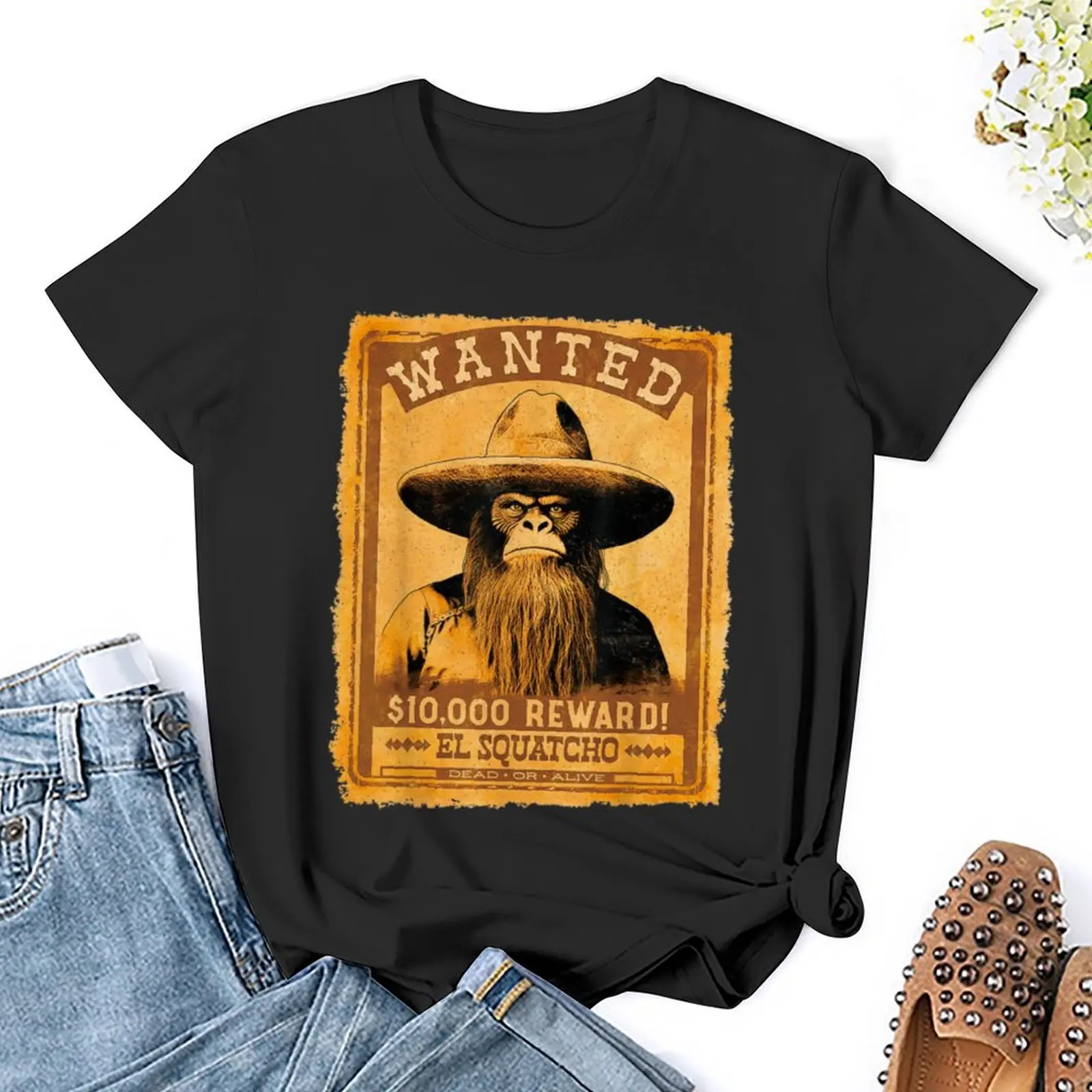 El Squatcho Wanted Poster Western Bigfoot Funny Sasquatch Print T-Shirt Graphic Shirts Casual Short Sleeved Tee TShirt T-shirts