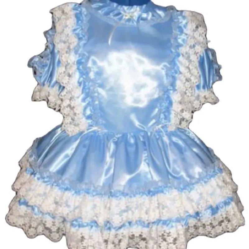 French Sissy Adult Baby Neutral CD / TV Infatuated with Satin Girl Blue and White Lace Dress Party Dress Custom Dress