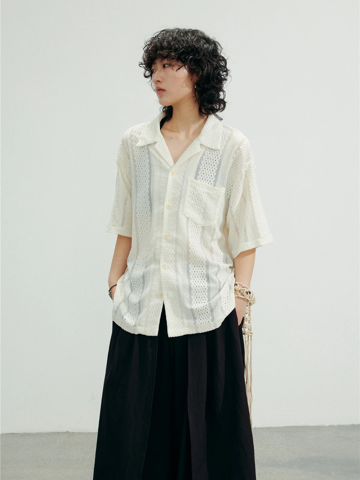 

SUNYVONNE Casual Loose Short Sleeve Shirt Lace Hollow out Design Diamond Pattern Lazy Style Women's Summer Fashion Top