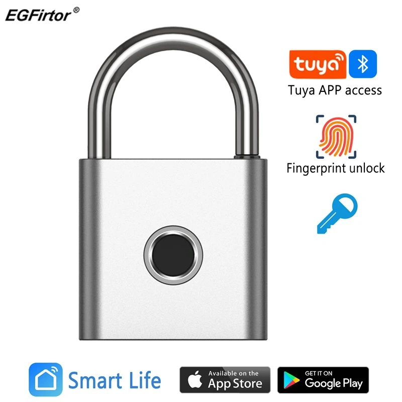 EGFirtor Waterproof Tuya Bluetooth Padlock Digits P55 Fingerprint Electronic Door Lock With Backup Key Unlock For Luggage Bag