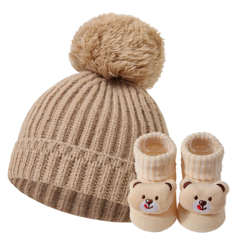 2pcs Big Pompom Baby Hats for Newborn Girls Boys with 3D Socks Set Cute Beanies Caps Knitted Headwraps Warm Crochet Infant Cap