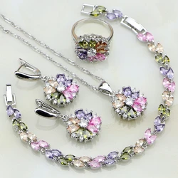 925 Sterling Silver Jewelry Multicolor Stones Cubic Zirconia Jewelry Sets For Women Earrings/Pendant/Necklace/Ring/Bracelet