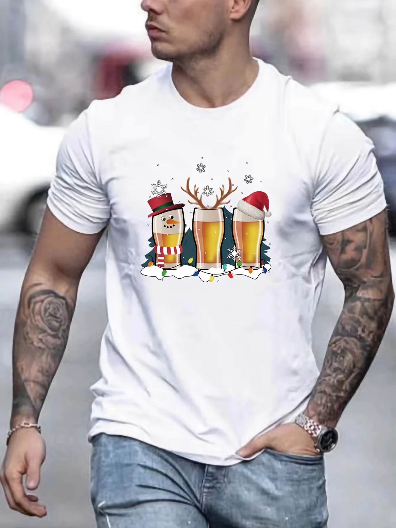 الرجال ملابس الرجال تي شيرت للجنسين الرجال احتفالي عيد الميلاد المحملة عادية كم قصير مع ندفة الثلج البيرة قرن الوعل يطبع تنفس #2