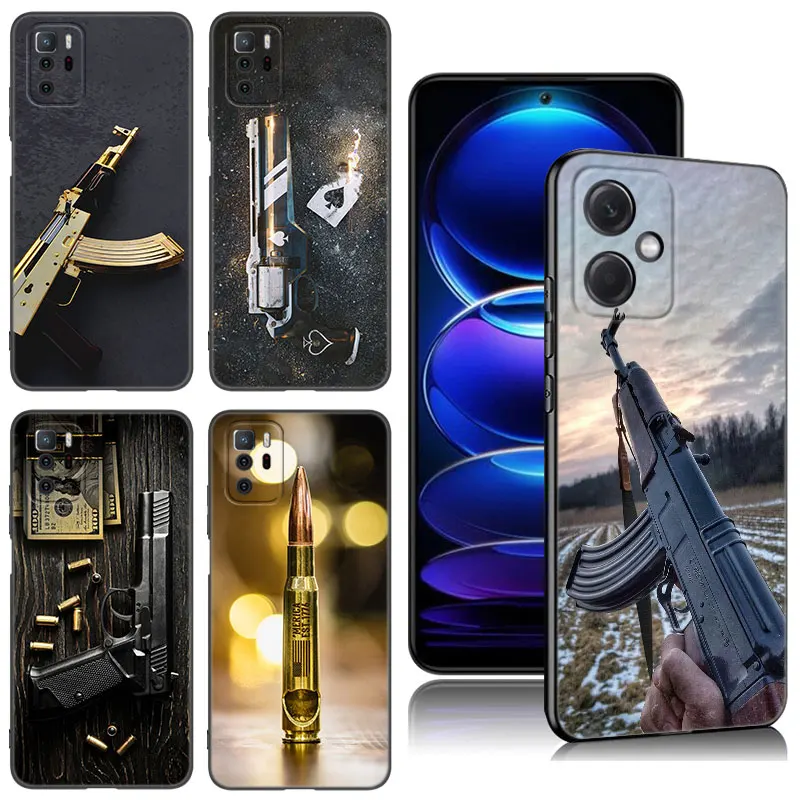 AK47 Handgun Gun BUllets Phone Case For Xiaomi Redmi Note 8 9 10 11 11E 11T 11S 12 Pro 4G Plus 5G 8T 9S 10S 12S Black Cover