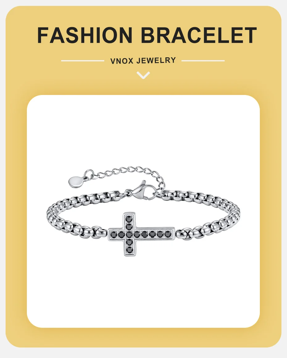 Vnox Edelstahl-Kreuzarmbänder für Männer und Frauen, schwarzes CZ-Armband mit christlicher Kastenkette, verstellbar, silberfarben, Schmuckgeschenke – Detail 1