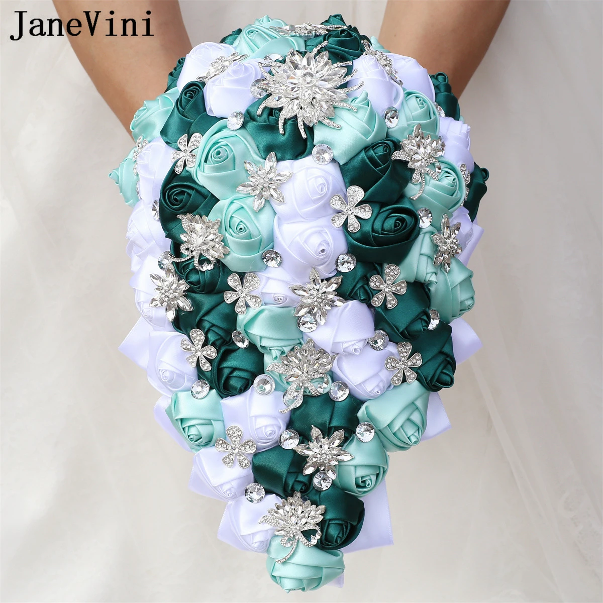 

JaneVini Luxury Crystal Gemstones Roses Bridal Bouquet Cascading Bride Flower Beaded Waterfall Wedding Bouquets Ramos De Novias