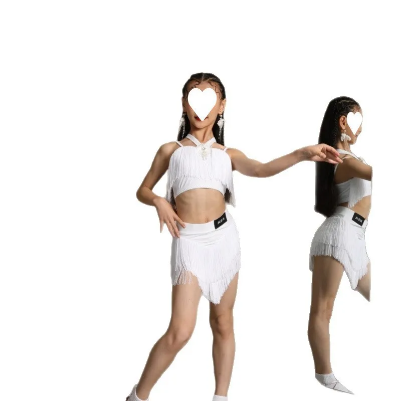 Детский костюм для латинских танцев, костюм для танцевальной практики, белая юбка с кисточками для выступлений