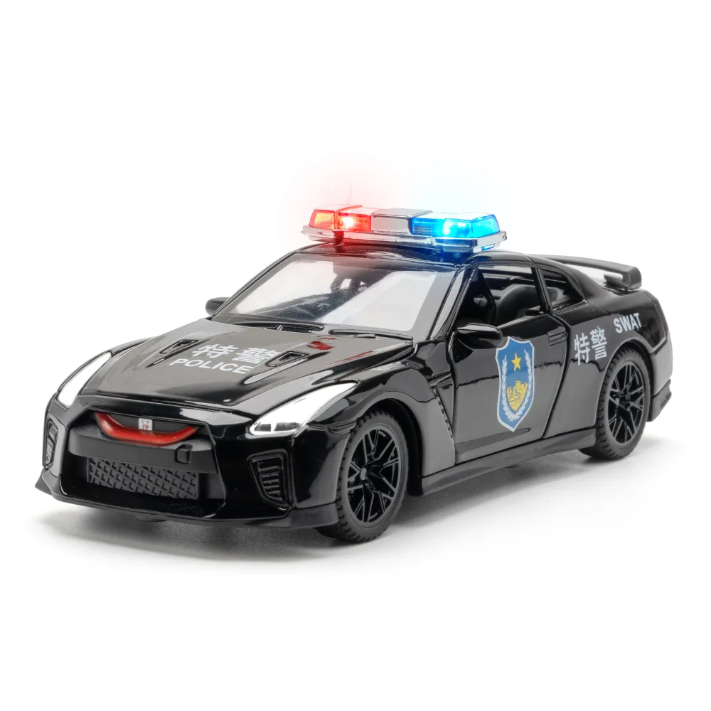 

1:32 Nissan GTR Police Car High Simulation Diecast Metal Alloy Model car Sound Light Pull Back Collection Kids Toy Gifts