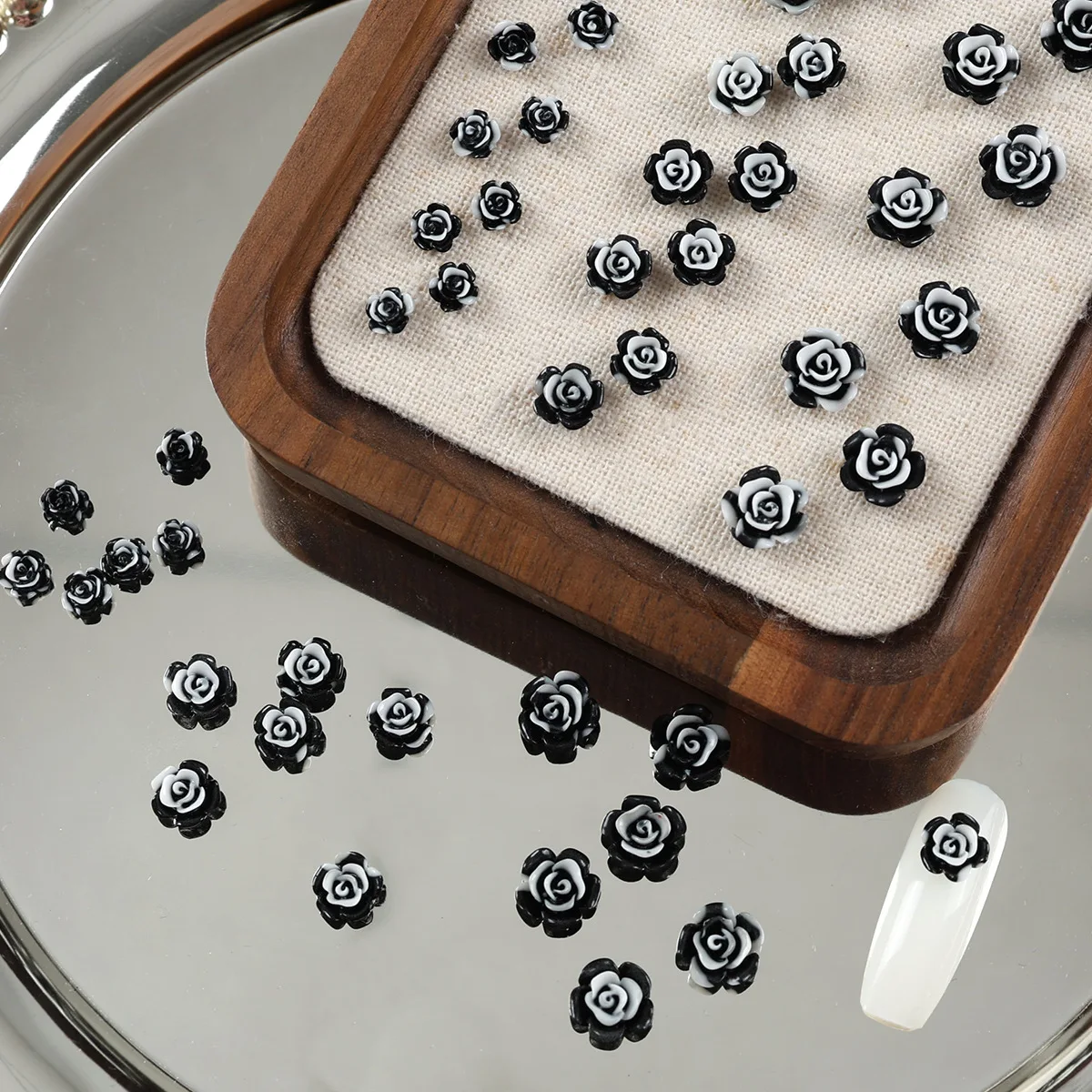 50 قطعة أبيض وأسود التمويه ثلاثية الأبعاد زهرة الأكريليك مسمار الفن السحر اكسسوارات ل الأظافر الديكور مانيكير ديكور لوازم أداة