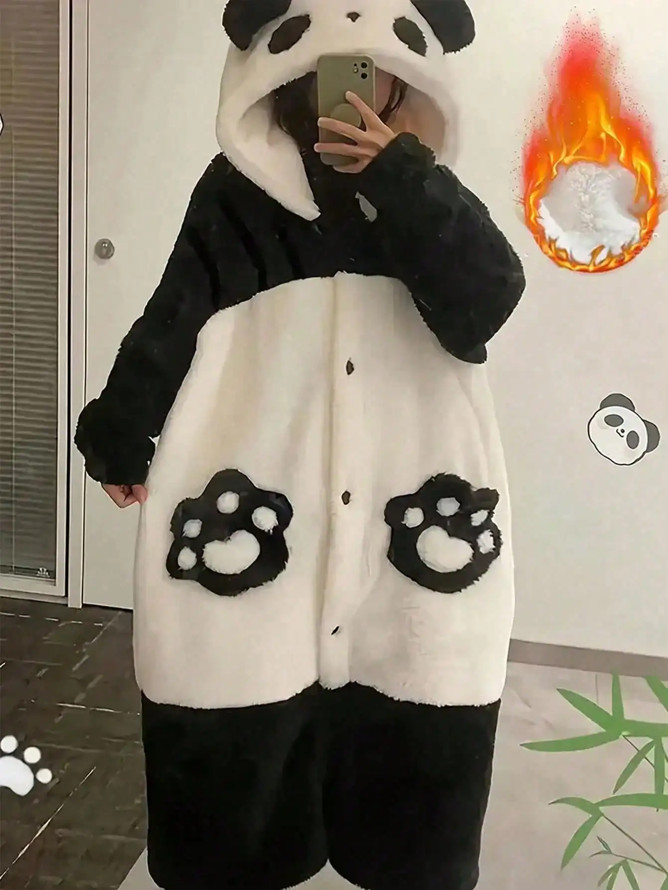 Cute Panda Pajamas For Women Plush Hooded Nightgown With Cat Paw Pockets Warm Thick Button-Up Bathrobe Soft Loungewear For Autumn Winter Home Sleepwea