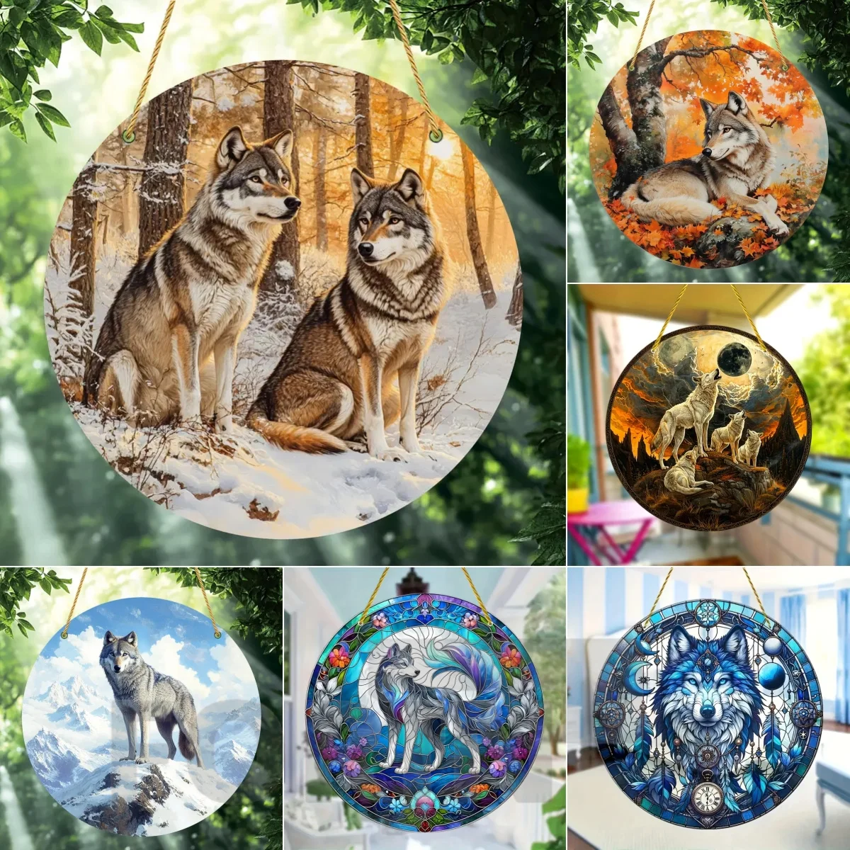Snow Wolf Suncatcher,round Acrylic Translucent Stained Window Hanging,Holiday Gift,Office,Garden,Club,Man Cave,Spooky Home Decor