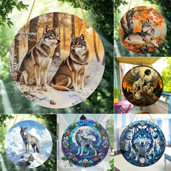Snow Wolf Suncatcher,round Acrylic Translucent Stained Window Hanging,Holiday Gift,Office,Garden,Club,Man Cave,Spooky Home Decor