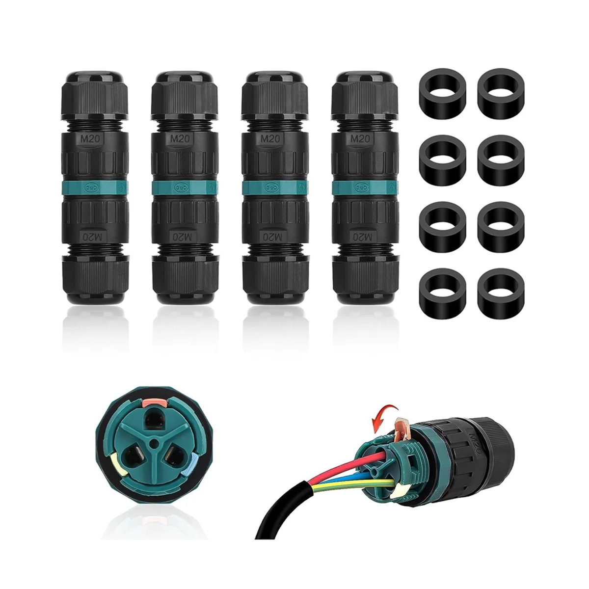 4PCS 2 Way 3 Pole Junction Box IP68 Outdoor Waterproof Electrical Cable Connector Ø5-12 mm