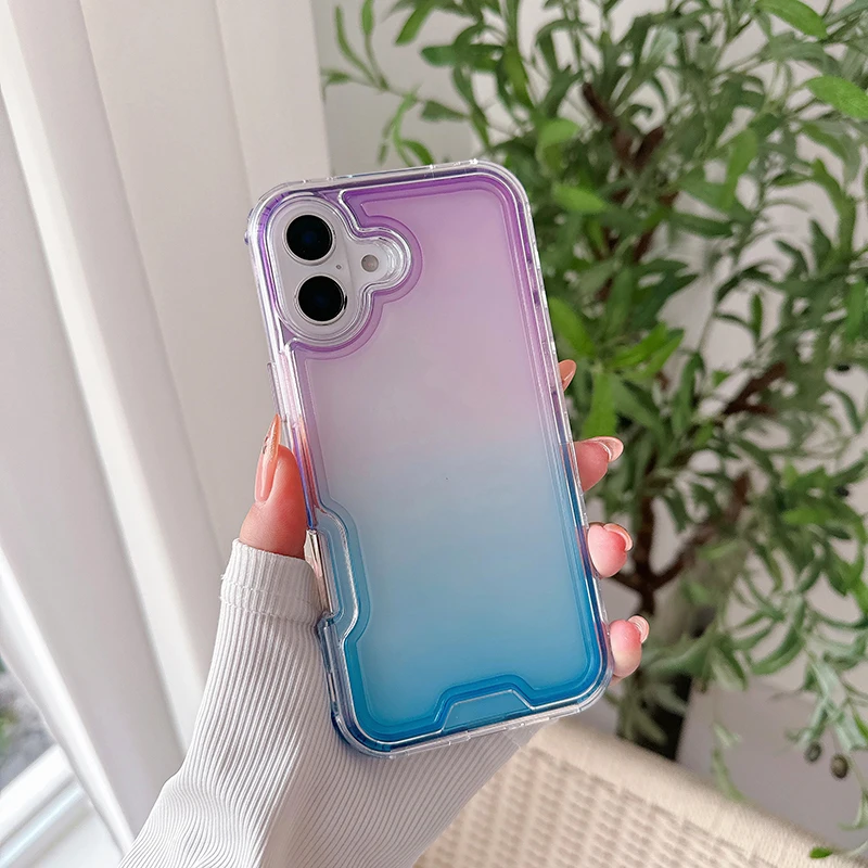 2in1 Luxury Gradient Color Blocking Transparent Phone Case For iPhone 16 15 14 13 12 11 Pro Max Plus Shockproof Clear Case Cover