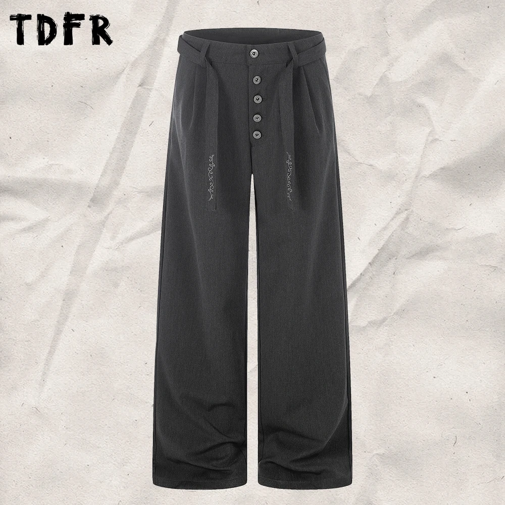 Single Breasted Pleated Trousers Mens with Belt Casual Baggy Straight-leg Pants Man