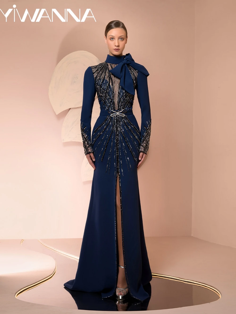 

Синее вечернее платье с бисером, скромное платье с высоким воротником и длинными рукавами, платья для матери невесты на свадьбу, роскошное вечернее платье по индивидуальному заказу