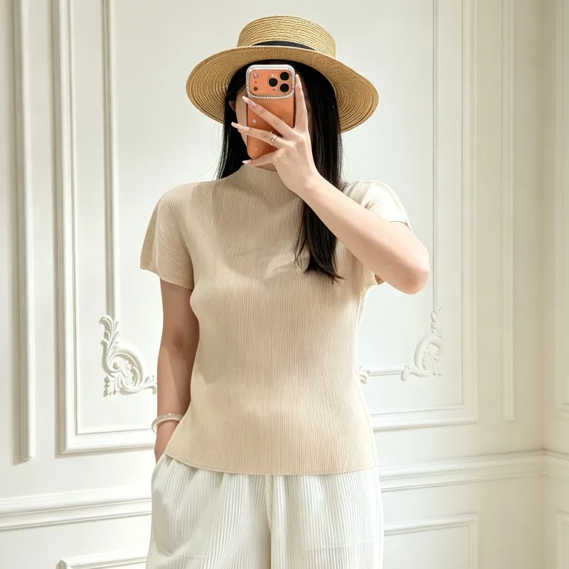 Miyake Pleated T-Shirt New Fashion Casual Half-High Neck Short Sleeve Top Women's Lightweight Stretchy Elegant Draped Clothing