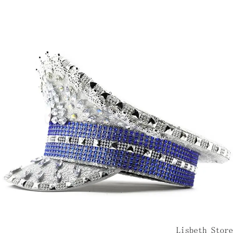 

124A Блестящая шляпа капитана со стразами, крутые блестки для женщин, цветочный костюм, декоративные наряды с кристаллами для