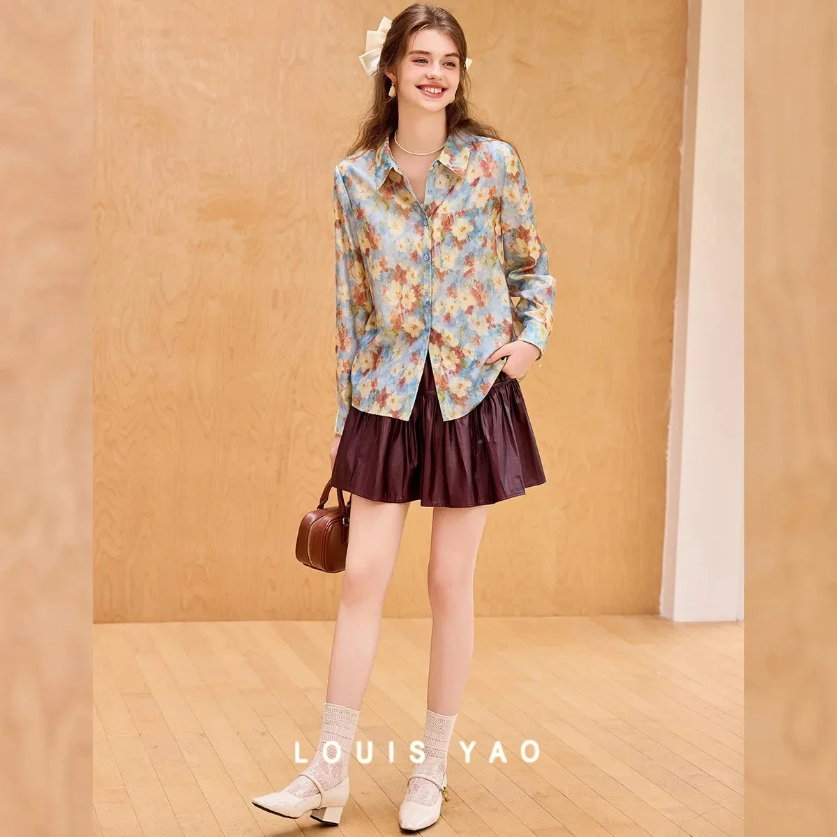 LOUIS YAO Retro Printed Pattern Women Blouses 2026 Autumn Loose-Fit Collared Women's Shirt Versatile Top Long-Sleeve Shirt