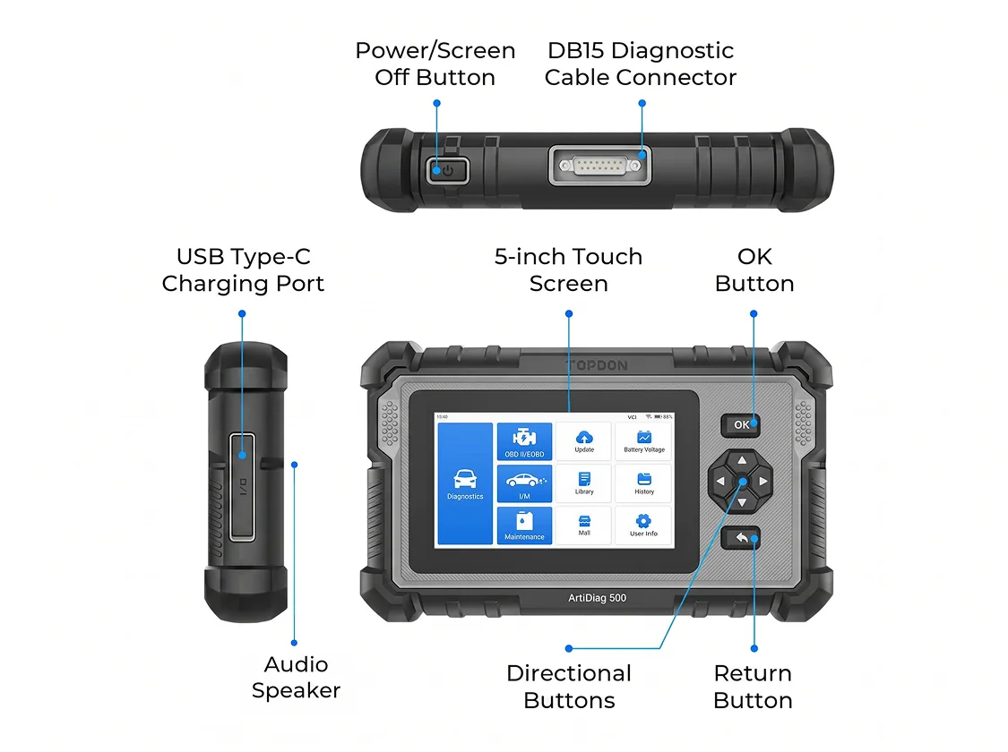 TOPDON ArtiDiag500 Car Diagnostic Tools OBD2 Scanner Engine/ABS/SRS/Transmission Automotive Tool OBD2 Code Reader Free Update