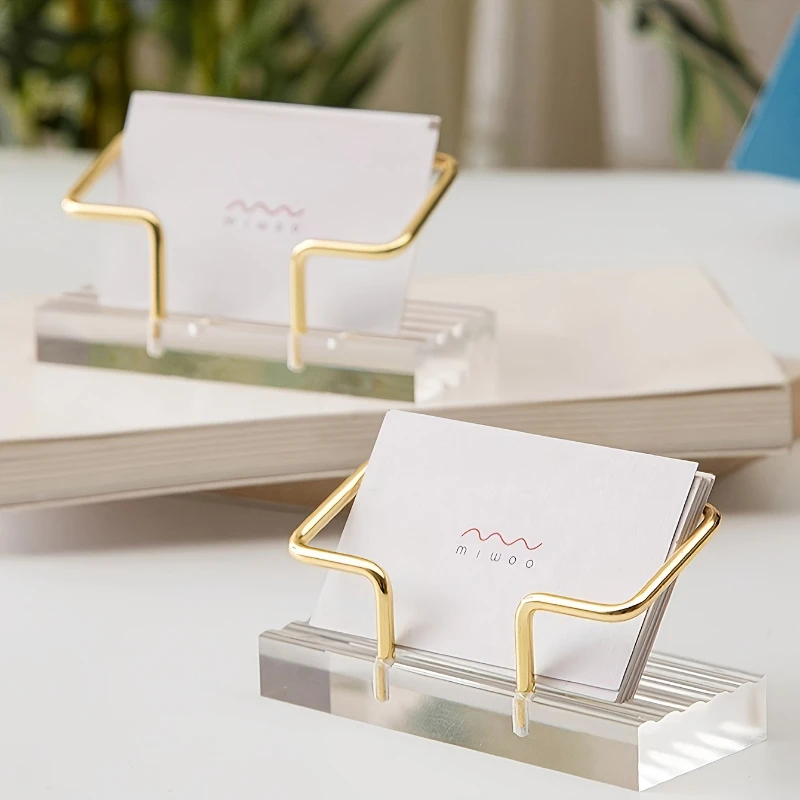

Elegant Acrylic Business Card Holder with Golden Metal Base - Clear PMMA Desktop Display Stand for Invitations