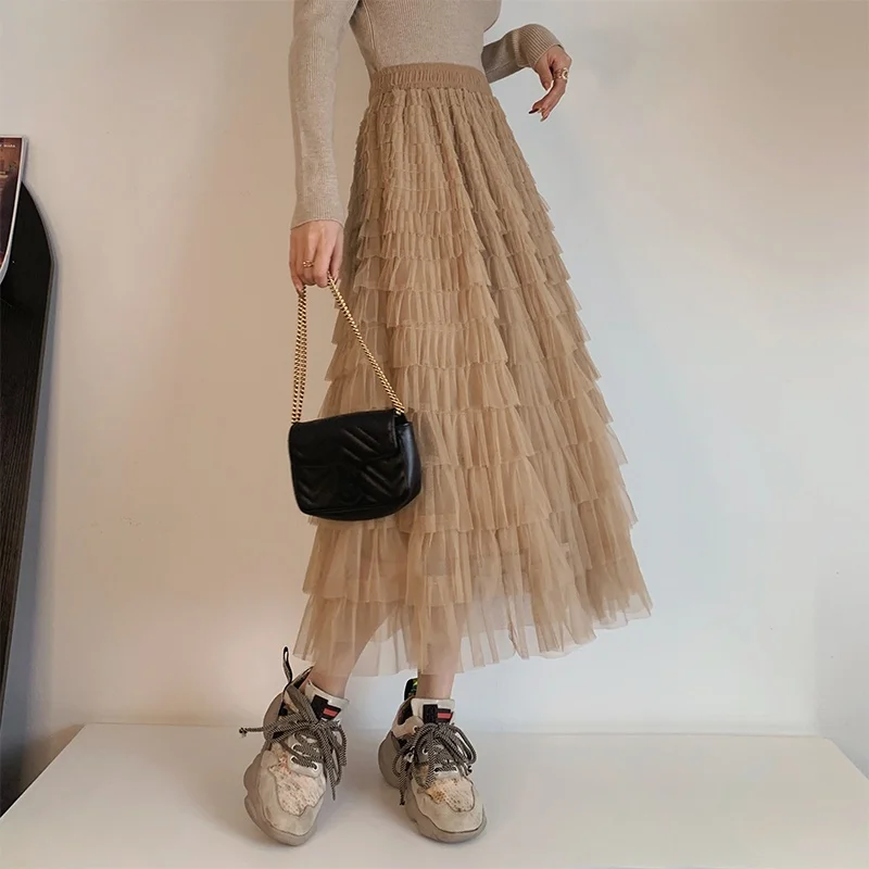 

Ele High Waist A-Line Midi Skirt with Multi-Layer Tulle Overskirt Pure Color Autumn Winter Faion Fairy T Sle Skirt
