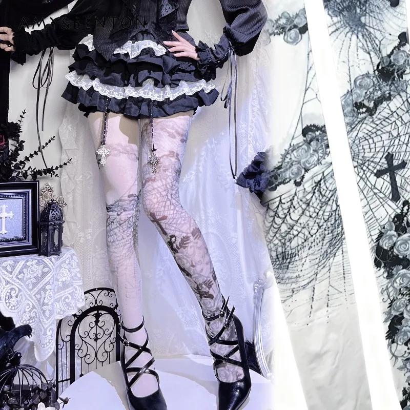 

Субкультура, готический мультяшный принт, сексуальные колготки для девочек, женские уличные колготки в стиле панк Y2K, облегающие колготки в стиле Лолиты, ажурные чулки