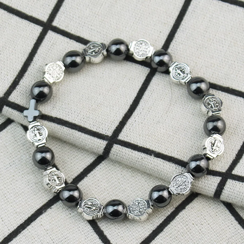 Modisches Katholisches Rosenkranz-Armband St. Benedikt Medaille Kreuz Gebetsarmband Hämatit-Perlen Religiöser Schmuck Accessoires – Detail 12