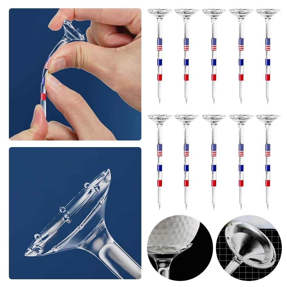 10Pcs Long Golf Tees Bulk Unbreakable 3-1/4 Inch Transparent USA American Flag Reduces Friction and Side Spin Golf Accessories