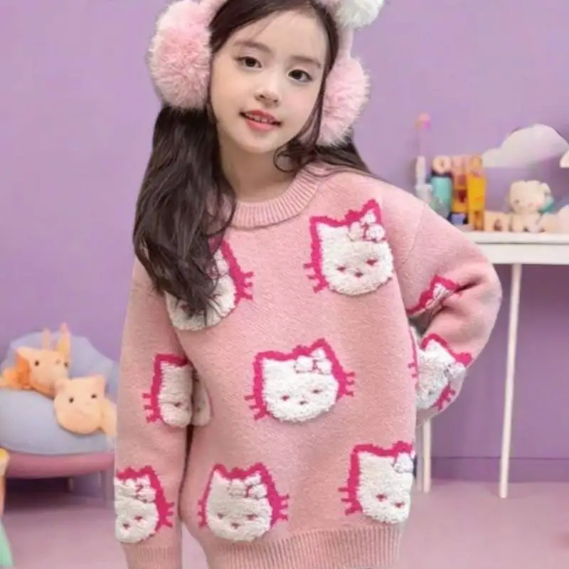 Sanrio Girl Sweater Autumn Winter Kawaii Cute Cartoon Child Knitted Sweater Hello Kitty New Fashion Keep Warm Bottoming Shirt