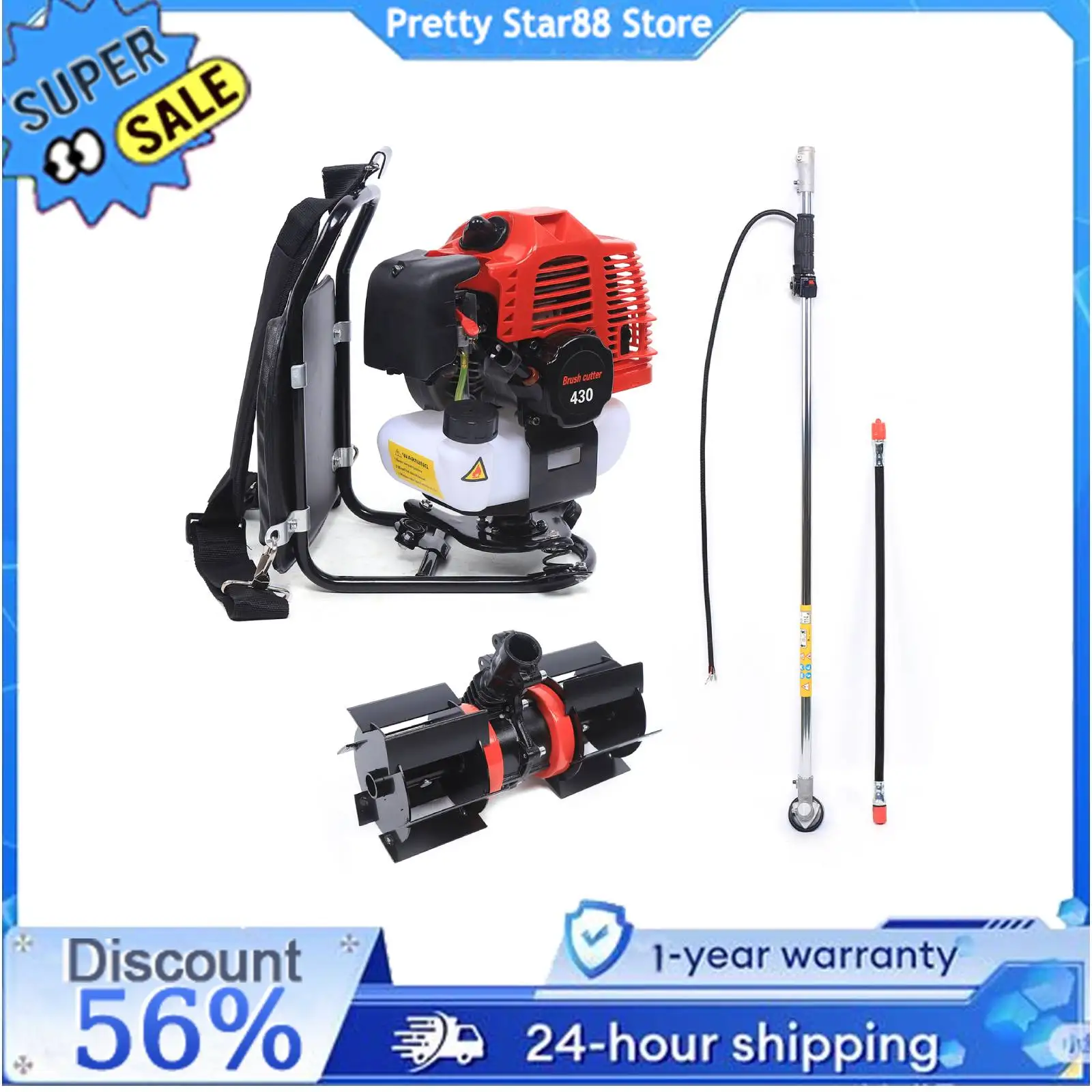 

Yard Lawn Mower Tilling Tool 43CC 2 Stroke Backpack Tiller Cultivator Grass Trimmer with 1L Fuel Tank