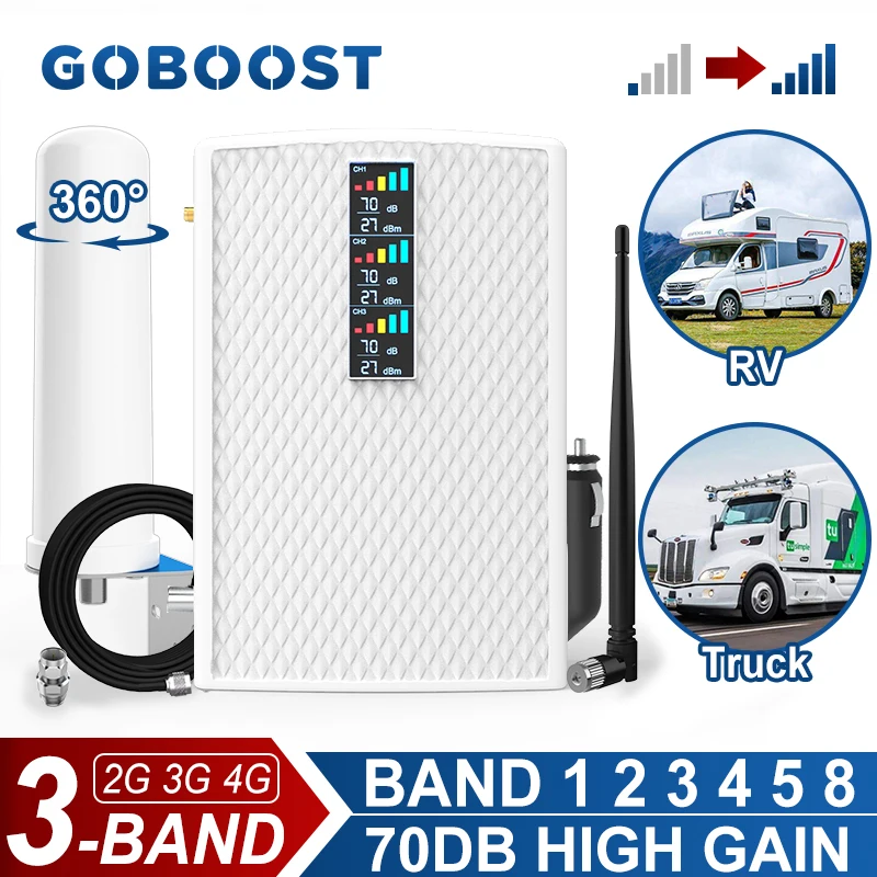 

GOBOOST Cellular Signal Amplifier For RV/Truck 2G 3G 4G Tri Band Booster 70dB 850 900 1700 1800 1900 2100 MHz Network Repeater