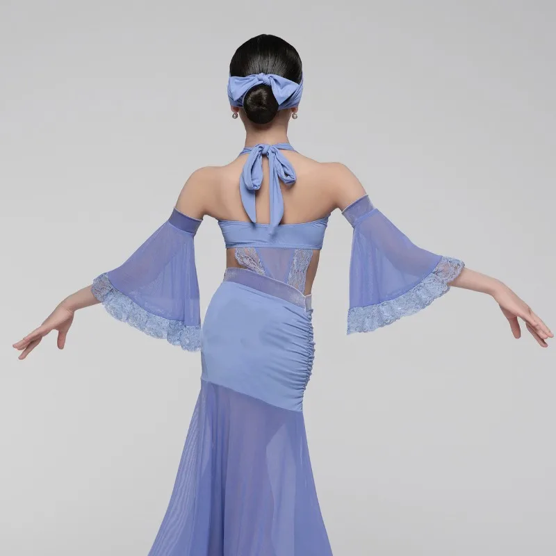 カスタマイズされた女の子のラテンダンススーツノースリーブぶら下げネックレーストップフィッシュテールスカート分割練習社交競技ドレス