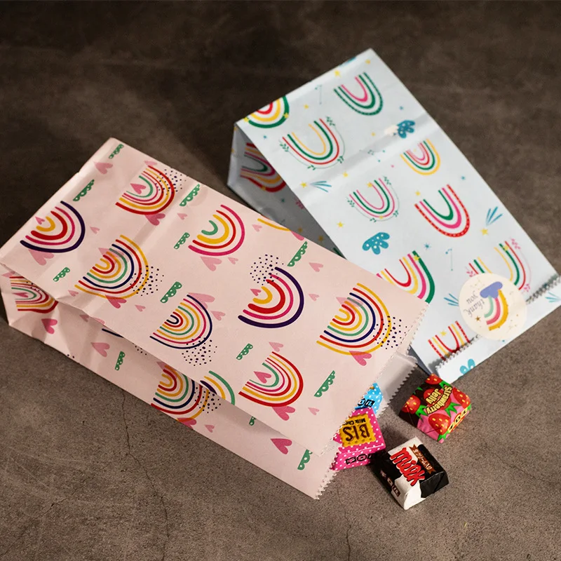 10Pcs Rainbow Theme Paper Candy Bags DIY Baking Cookies Packing Gift Bag Stand Up Favor Bags Wedding Party Birthday Supplies