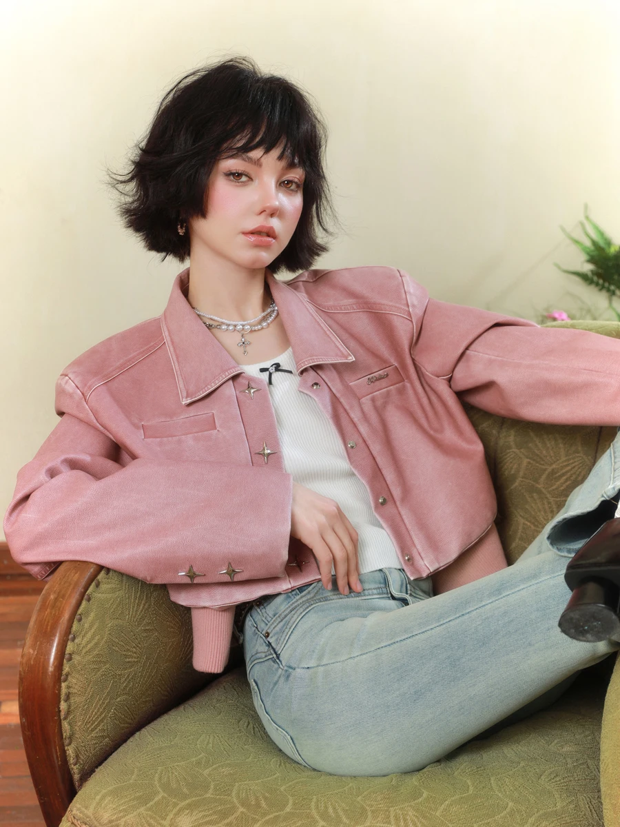 

LREEDOM Women's Pink Leather Jaet Vintage Waed ort Outerwear Straight Cut Synthetic Leather Commute Sle L33099