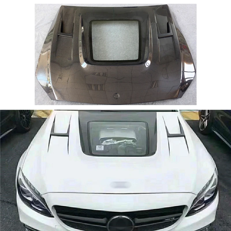

Car Upgrade Carbon Fiber Transparent Engine Hood New Condition Fit For Benz C-Class 2014-2021 W205 AMG C63 Wet Carbon Fiber
