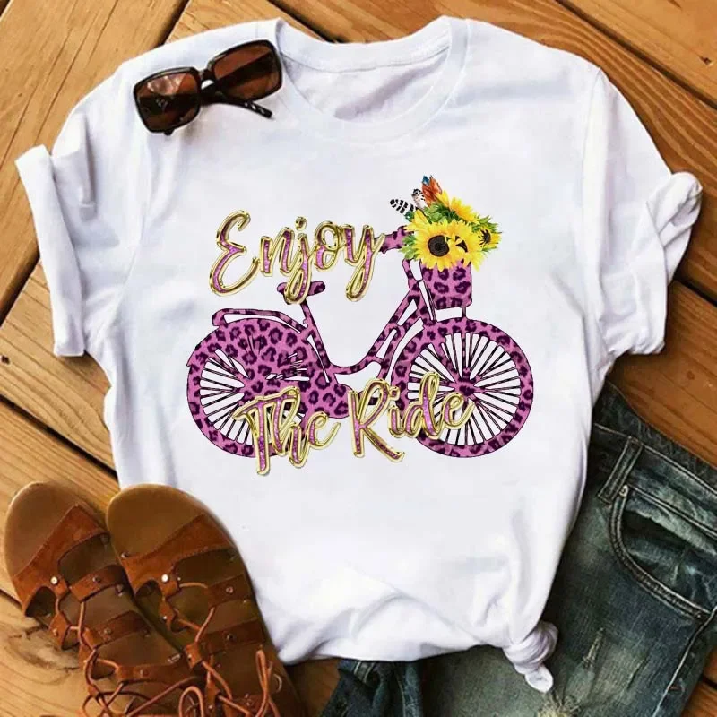 Maycaur New Funny Bicycle with Sunflower Women Tshirt Summer Harajuku Short Sleeve White T Shirts Cartoon Casual Woman Tops Tees