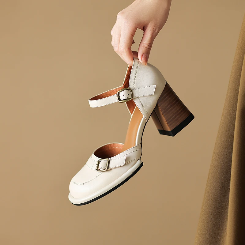 2026 new summer women sandals natural leather 22-24.5cm cowhide+sheepskin+pigskin round toe ankle-buckle high heel women shoes