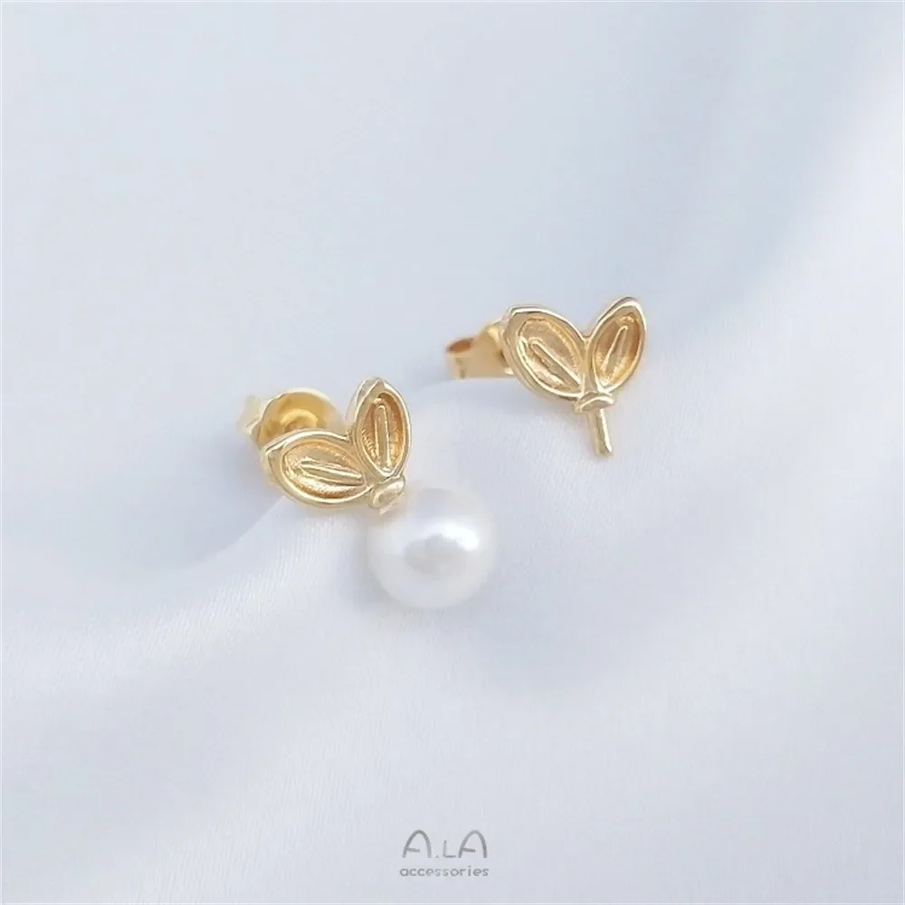 

14K Gold Color Rabbit Ears Leaf Bead Holder Necklace Pendant Leaf Empty Holder Silver Pin Stud Earrings DIY Handmade Accessorie