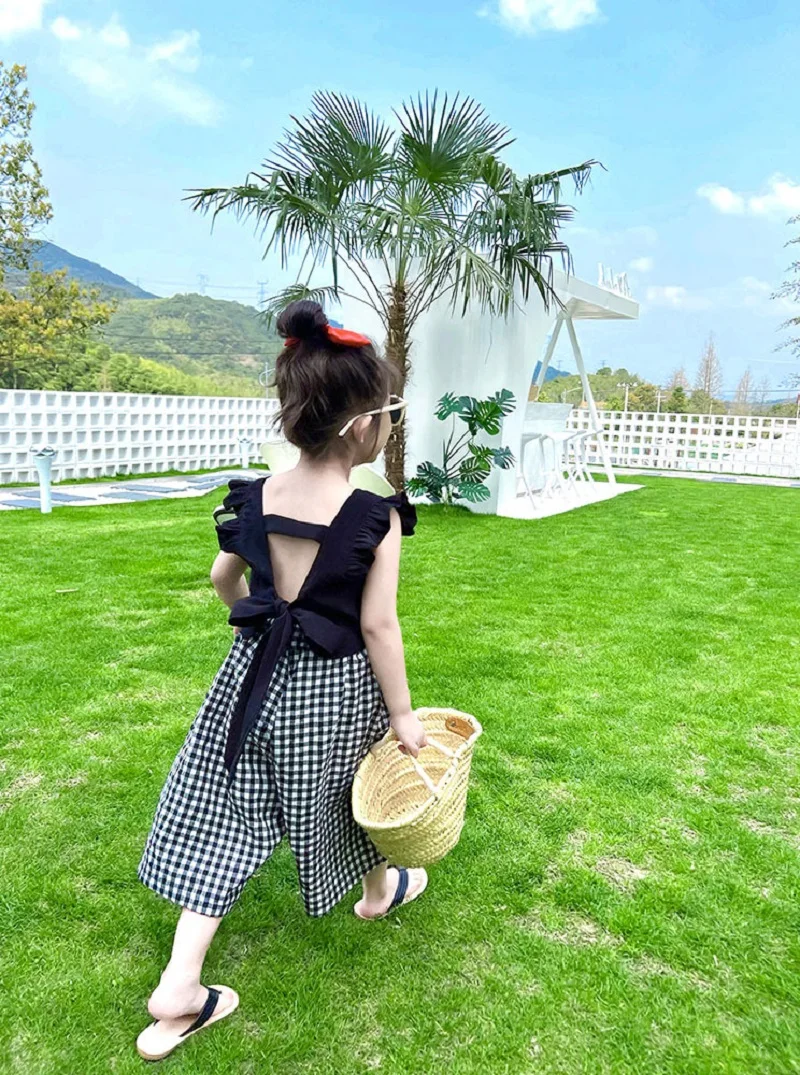 Summer Fashion Baby Girls Cotton Ruffled Sleeves Blackless Lace Shirt Tops+Plaid Drawstring Short Pant Sets Kids Outfits 2-8Y