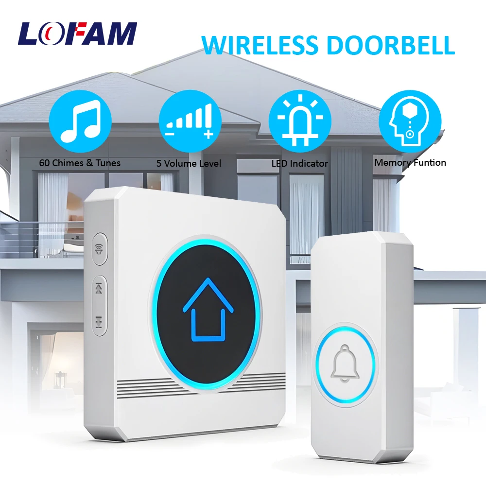 

Беспроводной дверной звонок, 60 мелодий, диапазон 300 м, регулируемая громкость, красочный свет, умный дом, водонепроницаемый комплект приветственного дверного звонка