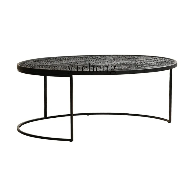 Zc Oak Solid Wood Billy Shi Feng Hand Carved round Combination Art Black Side Table Tea Table